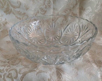 Indiana Glass ,Clear 8 inch Serving Bowl with Ribbed Edges and Sunburst Pattern