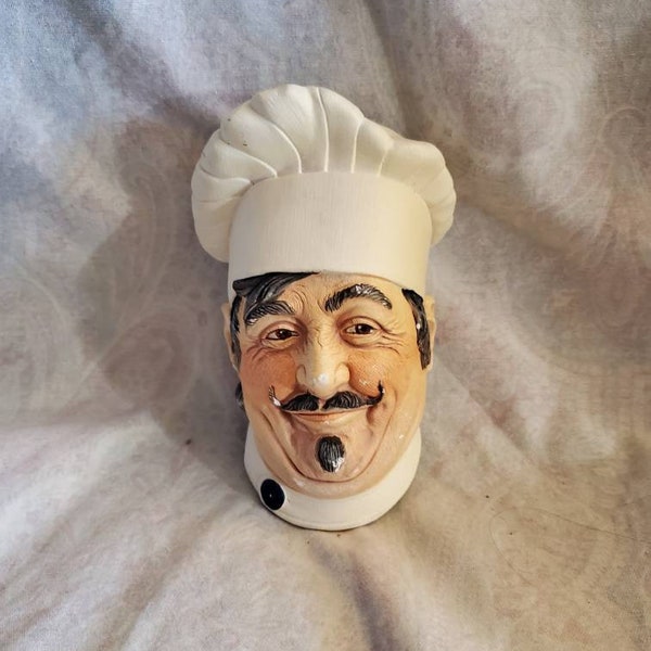 Chalkware Chef or Cook Man Head Figurine, Made in England  with Off White Hat and Handlebar  Mustache