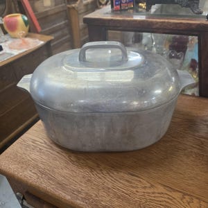 Op de afbeelding: Een ovale braadpan van aluminium met bijpassend deksel. De pan is voorzien van twee geïntegreerde handgrepen aan de zijkanten en een centrale handgreep op het deksel. De buitenkant heeft een geborstelde metallic afwerking in mat zilver.