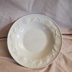 Tabletops Unlimited Coquille 8.80 inch Large Rimmed Soup or Cereal Bowl, All White, Embossed Shells & Starfish, Everyday Bowl