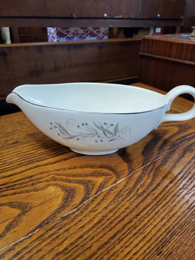 Homer Laughlin, Celeste Pattern,  Gravy Boat/Creamer or Syrup Pitcher, Blue Buds, Gray Leaves, Platinum Trim