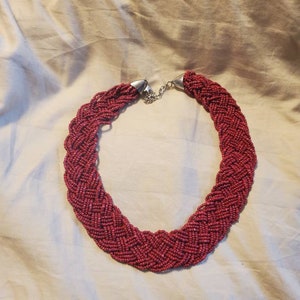Braided Coral Red Plastic Bead, Silver Toned, 20 inch Woven Necklace, Bib Choker Necklace, Costume Jewelry, Fashion Accessory