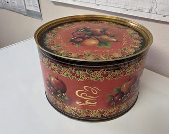 Rustic Large Round Fruit Cake Tin, Decorative Storage Container, Fruit Design, Kitchen Decor