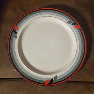 Studio Nova, Distinction Leaves, 10.80 inch Dinner/Chop Plate, Red, Gray, Black Bands with Leaf Pattern, KC 907, Made in Japan