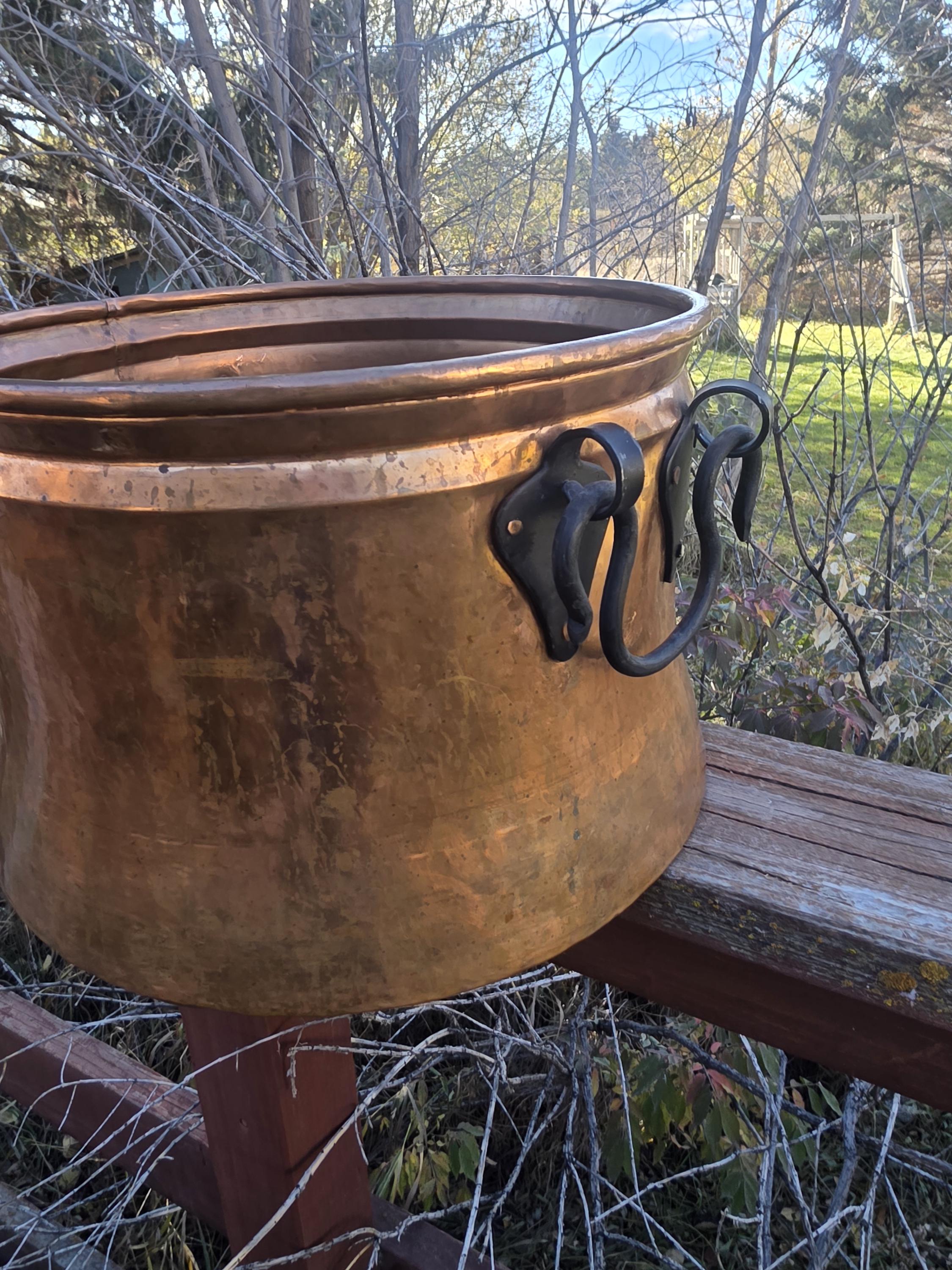 Large Turkish Copper Cauldron Hand Forged With Black Handles, Pre-owned ...