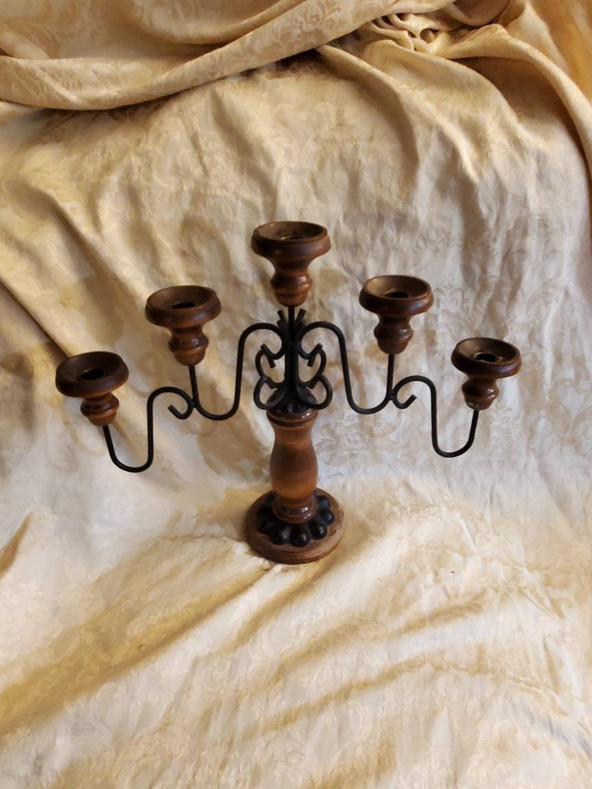 Cast Iron and Wood, 5 Spot Candle Holder, Centerpiece Decor, Rustic Home Furnishing, Vintage Lighting Feature