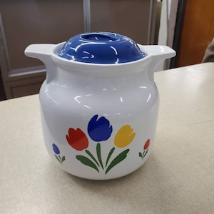 Tulip Tyme, Signature Collection, 1985 JP Marketing, Bean Pot, White with Yellow, Blue and Red Tulip Design, Ceramic Storage Jar