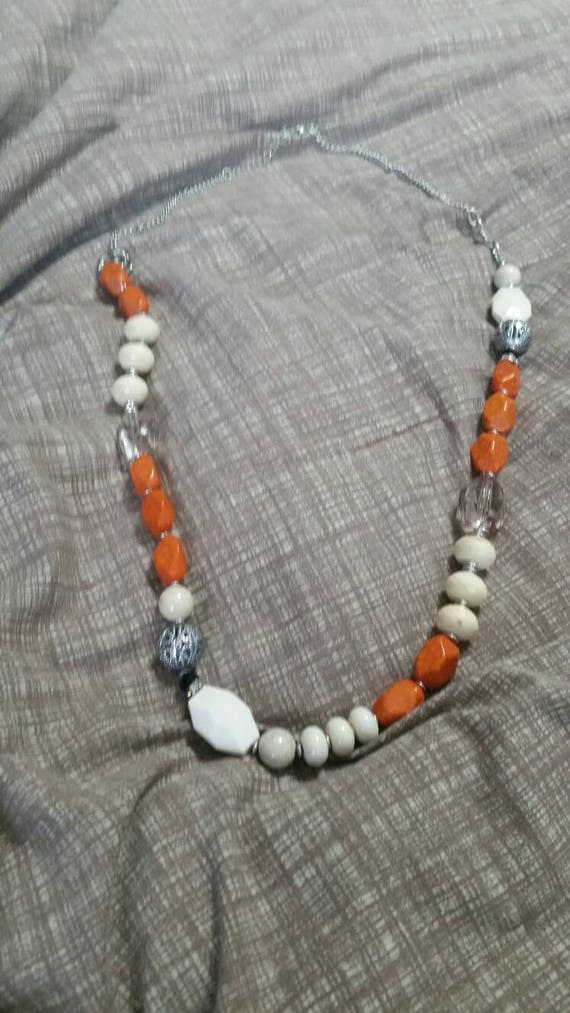 Multi Sized and Orange Bead White Beaded 34 inch … - image 1