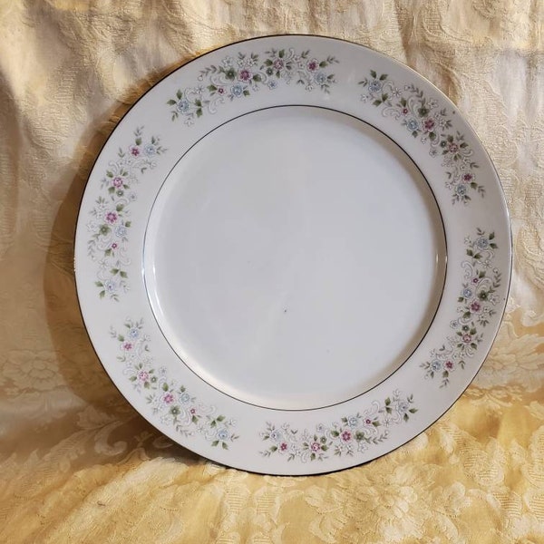 Diamond China, Richmond Pattern, 12.30 inch Serving Platter, Pink and Blue Floral Rim, Platinum Trim and Verge, Made in Japan