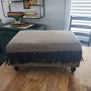 Brand New, Black and Beige Stripped Tweed, Rectangular Footstool or Ottoman with Wooden Base Handmade