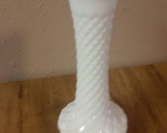 Tall White 9 inch Milk Glass Flower Vase Home Decor Lattice Design Gift Idea