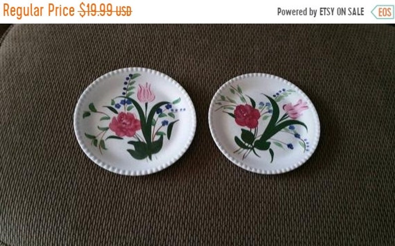On Sale Set of 2 Ruffled Blue Ridge Pottery 9.10 inch Luncheon or Dinner Plates with Pink and Purple Flowers and Highlights