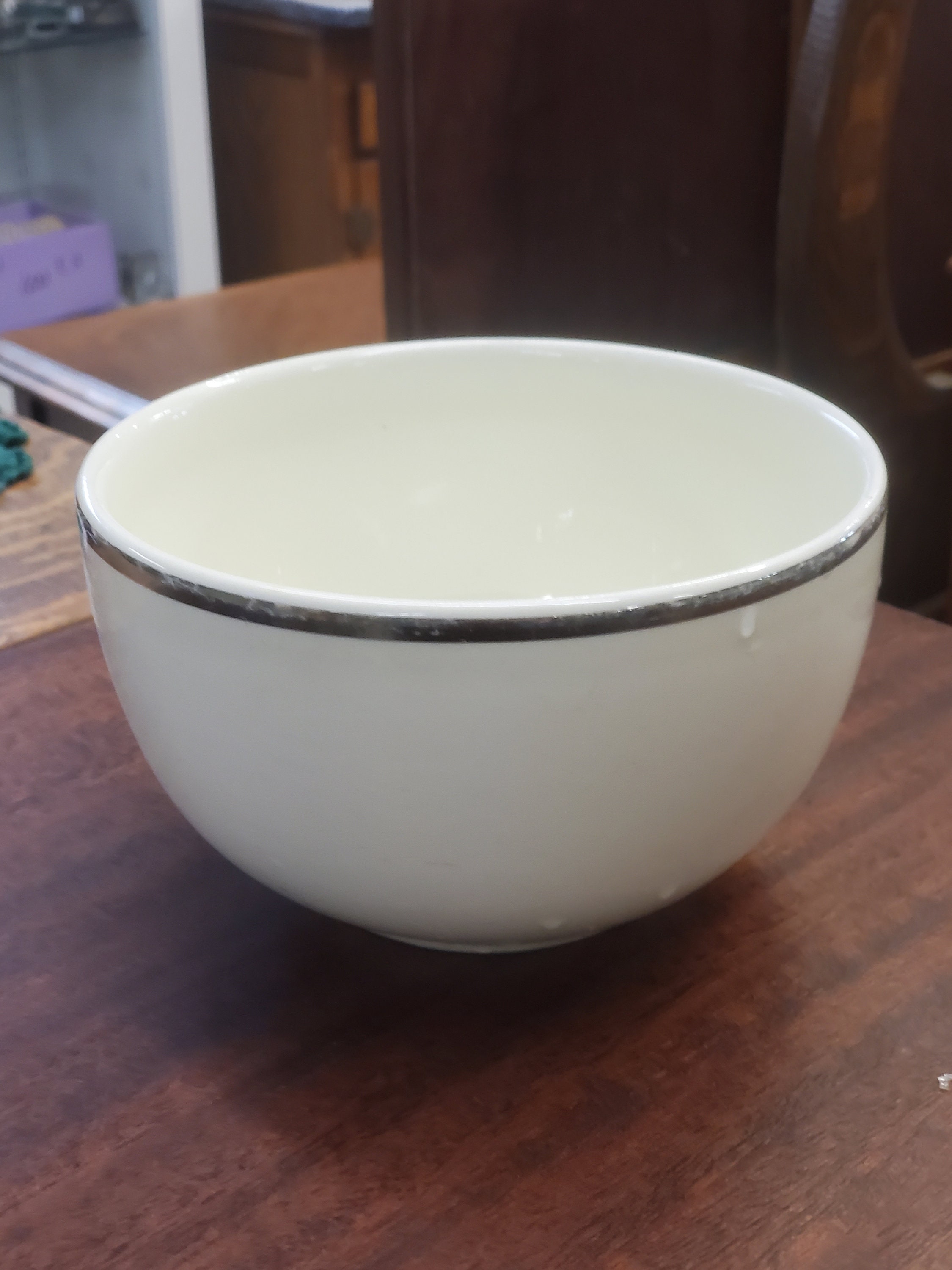 Mid Century Kitchen Ballerina Off White and Platinum Rim 22 Carat 6.40 inch Mixing Bowl by Universal Pottery