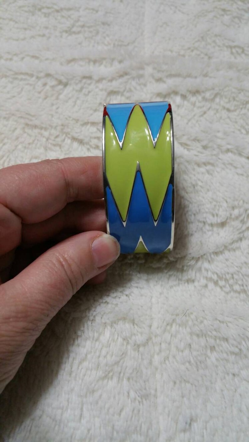 On Sale Modern Enamel Baby Blue and Green Chevron Pattern Silver Toned Spring Loaded or Clamper Bangle Bracelet Costume Jewelry