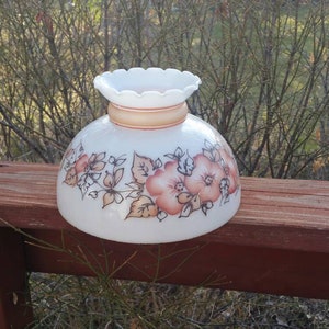 White Glass with Hand Painted, Rust Orange Flower Design, Lampshade, Vintage Light Decoration