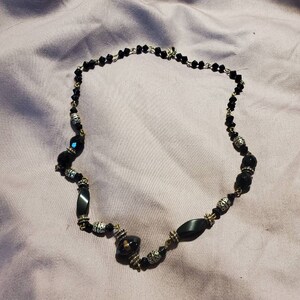 Victorian Style, Black Glass and Silver Toned, 20-inch Choker Necklace, Costume Jewelry, Fashion Accessory, Gold Highlights
