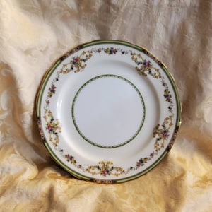 Antique China, Rare, Noritake Florola, 10 inch Dinner Plate, 1920&#39;s Fine China,  Green Band, Tan Scrolls, Floral, Scalloped, Rare Find