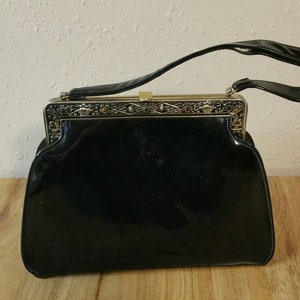 Theodore California Black Patented Leather and Ornate Brass Metal and Rainbow Beads Handbag or Purse  Vintage Accessory Fashion Statement
