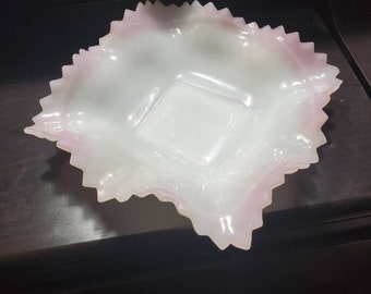 Fenton White Milk Glass, Ruffled Edge Bowl with Pink Edge, Square Dish, Candy Bowl, Ash Tray, Dresser Tray