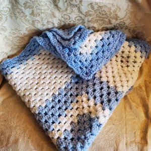 Granny Square, Hand Crocheted, Light Blue and White, Lap Blanket, Baby or Kid Blanket with Soft Yarn, Baby Gift, Unisex Blanket