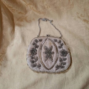 Glittery Cream Fabric and Silver Toned Beaded, Clutch Purse or Evening Bag with Silver Toned Chain, Star Design