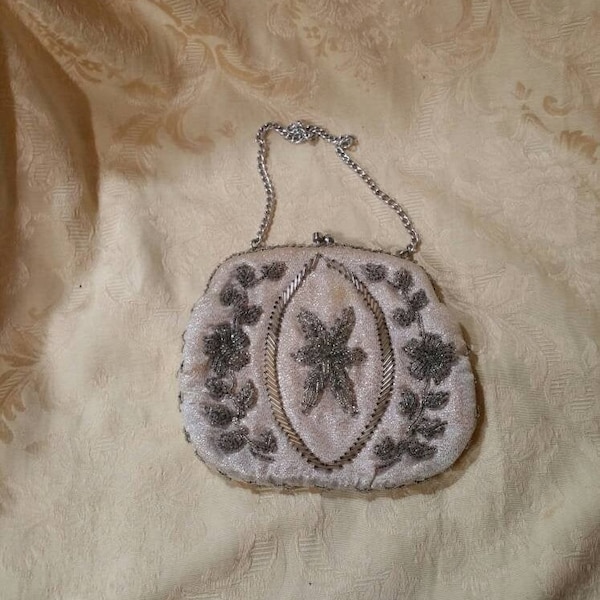 Glittery Cream Fabric and Silver Toned Beaded, Clutch Purse or Evening Bag with Silver Toned Chain, Star Design