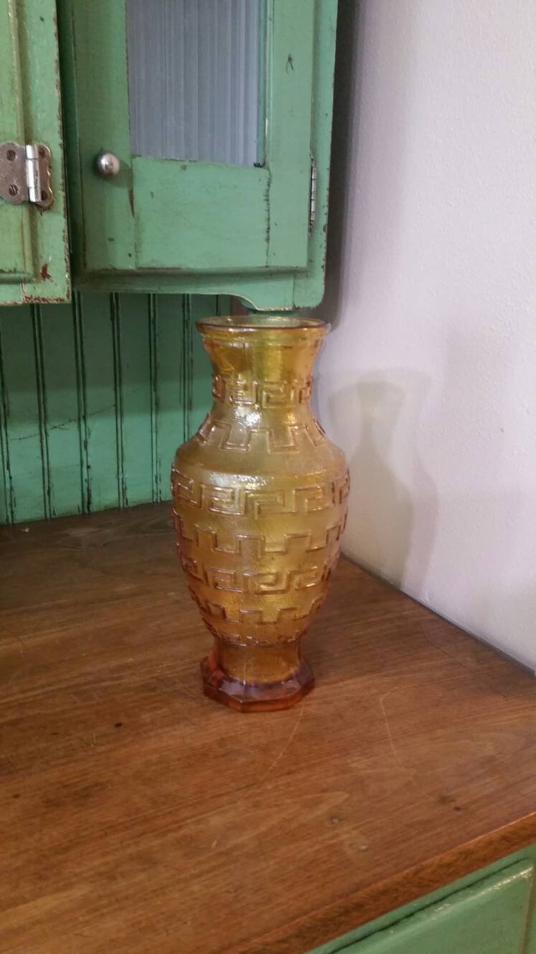 Grecian Style, 1970s Vintage, Gold Glass Flower Vase With Geometric