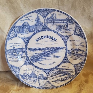 Made in Japan, Blue Transferware, 9.10 inch Michigan, Mackinac Bridge, Collectible or Souvenir Plate, Vintage Home Decor, State Plate