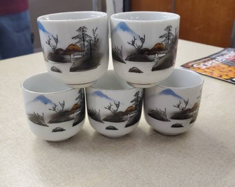 Set of 5, Small Porcelain Rice Bowls or Tea-Cups, Made in Japan, River and Home Scene, Footed Dishes, Oriental Kitchen Style