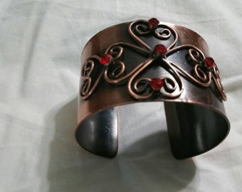Copper  and Red Rhinestone Flower Wide Cuff Bracelet Costume Jewelry Fashion Accessory