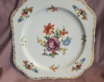Rare Find, Noritake, Colton, plato de ensalada cuadrado de 8,20 pulgadas, más antiguo, borde de flores multicolores y centro, borde dorado, porcelana fina, fabricado en Japón