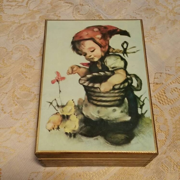 Rare Find, Toyo Japan Music Jewelry Box - Hummel's Girl with Chicks - Wood Music Trinket Box with Velvet Blue Interior