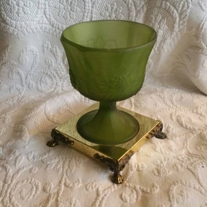Rare Find, Avocado Green, Satin Pedestal Glass Compote on Brass Base, Grape Colony