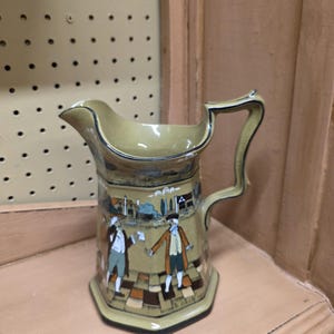 Buffalo Pottery, Antique 1908 Deldare Ware Pottery Pitcher By Buffalo Pottery, Signed, Has Crazing, Colonial Scene