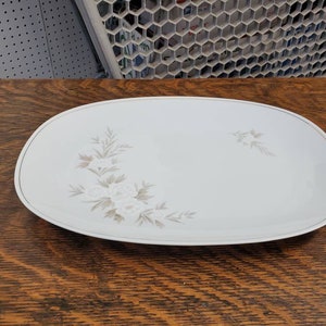 Rare Find, Noritake Simone, Bedla, 15.25 inch Oval Platter, Fine China, Inner Gold Line, White Flowers, Tan Leaves, Made in Japan