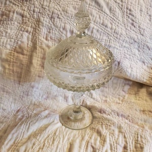 Indiana Glass Kings Crown Diamond Point ,Clear Glass, Pedestal Dish Compote or Candy Dish with Pointed Lid