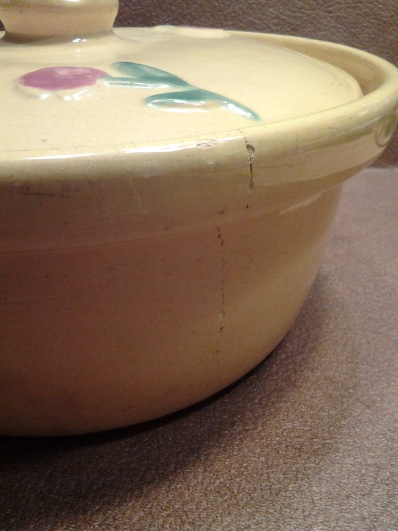 On Sale Collectible 1940s Coors Pottery Rosebud Design Bright Yellow Covered Casserole Dish