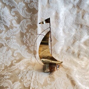 Signed, Yosi Brass and Alabaster Stone Sailboat Sculpture, Nautical Style, Artist Creation, Home Decor