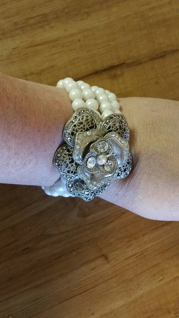 3 Strand Faux Pearl and Rhinestone Silver Toned F… - image 2