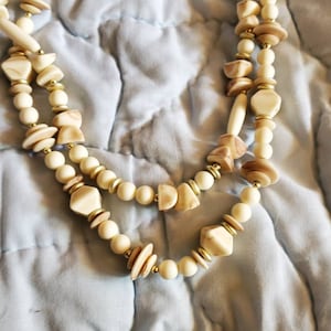 Off White and Brown, Dual Strand Necklace with Gold Toned Beads, Slide Clasp, Large Necklace, Costume Jewelry, Fashion Accessory