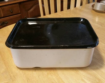 Rustic Farmhouse, White and Black, Large Rectangular Enamel Pan with Serving Tray or Lid, Flower Planter