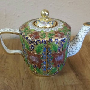 Miniature Circa 1935s Cloisonne Chinese Brass and Enamel Teapot, Collectible Vintage Curiosity Shelf Decor, with Original Stand