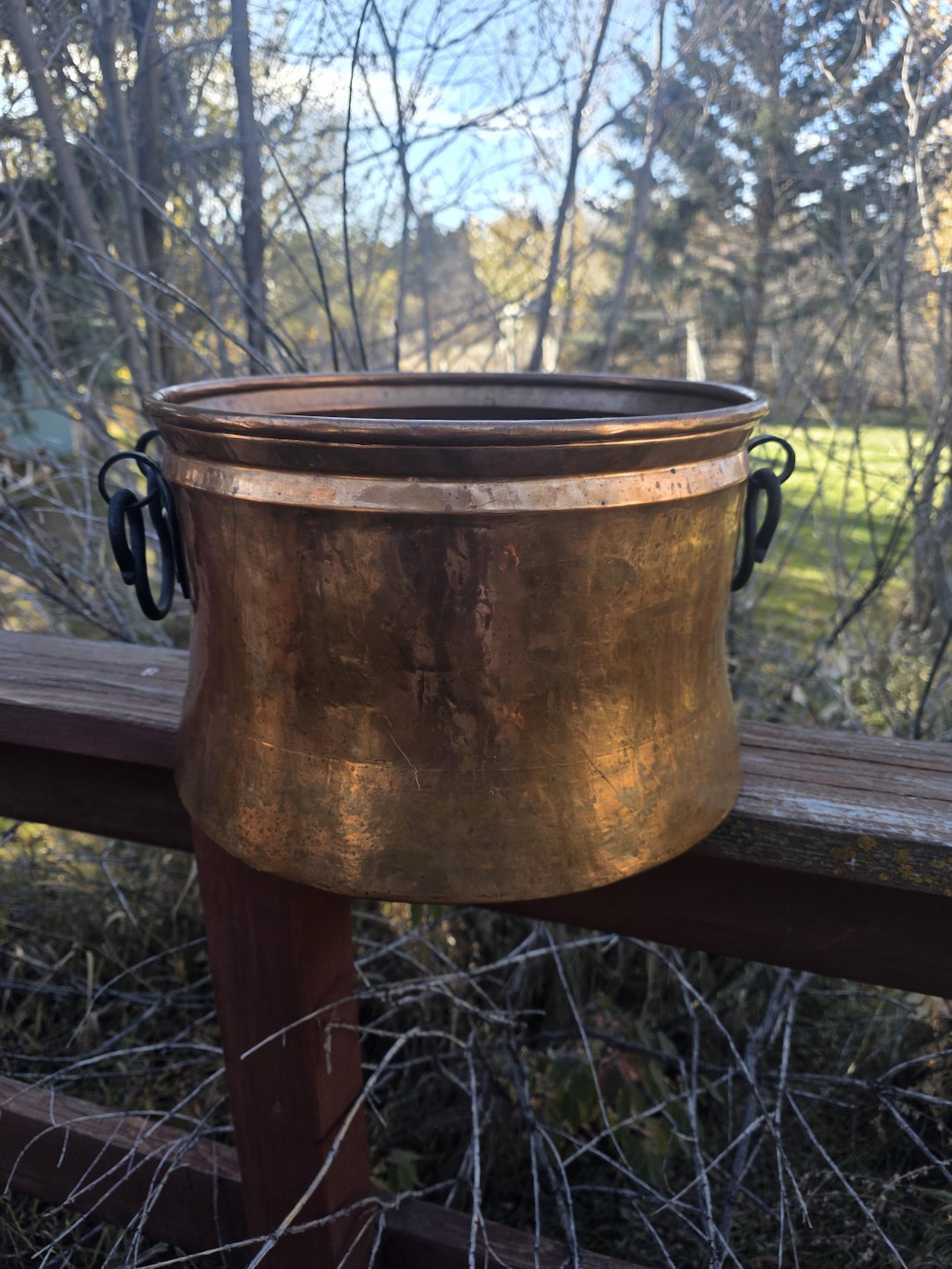 Large Turkish Copper Cauldron Hand Forged With Black Handles, Pre-owned ...