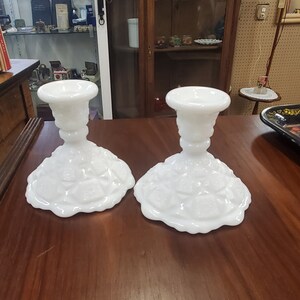 Westmoreland Glass Old Quilt Design Set of 2 Candlestick Holders, White Milk Glass, Collectible Home Decor