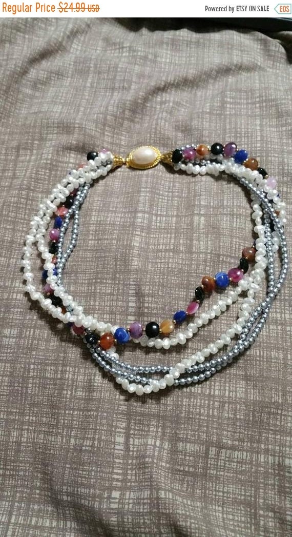 On Sale Multi Colored White Faux Pearl and Gray Bead  Silver and Gold Toned Triple Strand Long 34 inch Necklace Costume Jewelry Fashion Acce