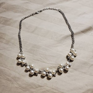 18 inch, Faux Pearl and Rhinestone Bib Necklace, Silver Toned Curb Chain, Costume Jewelry, Fashion Accessory, Wedding Jewelry