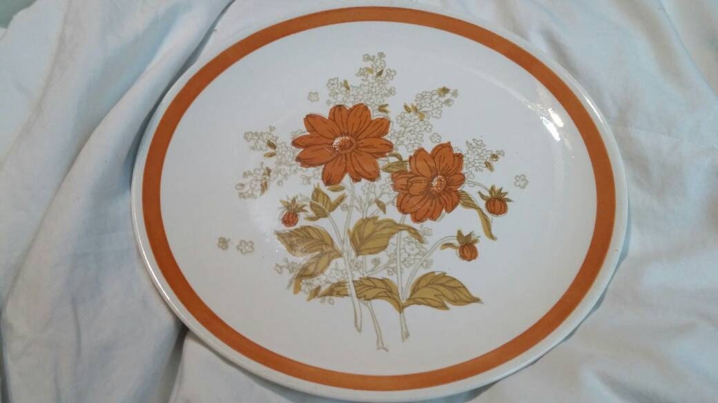Royal China Jeannette Ironstone 10 inch Dinner/Chop Plate Countryside Pattern with Orange Flowers 1970s Kitchen