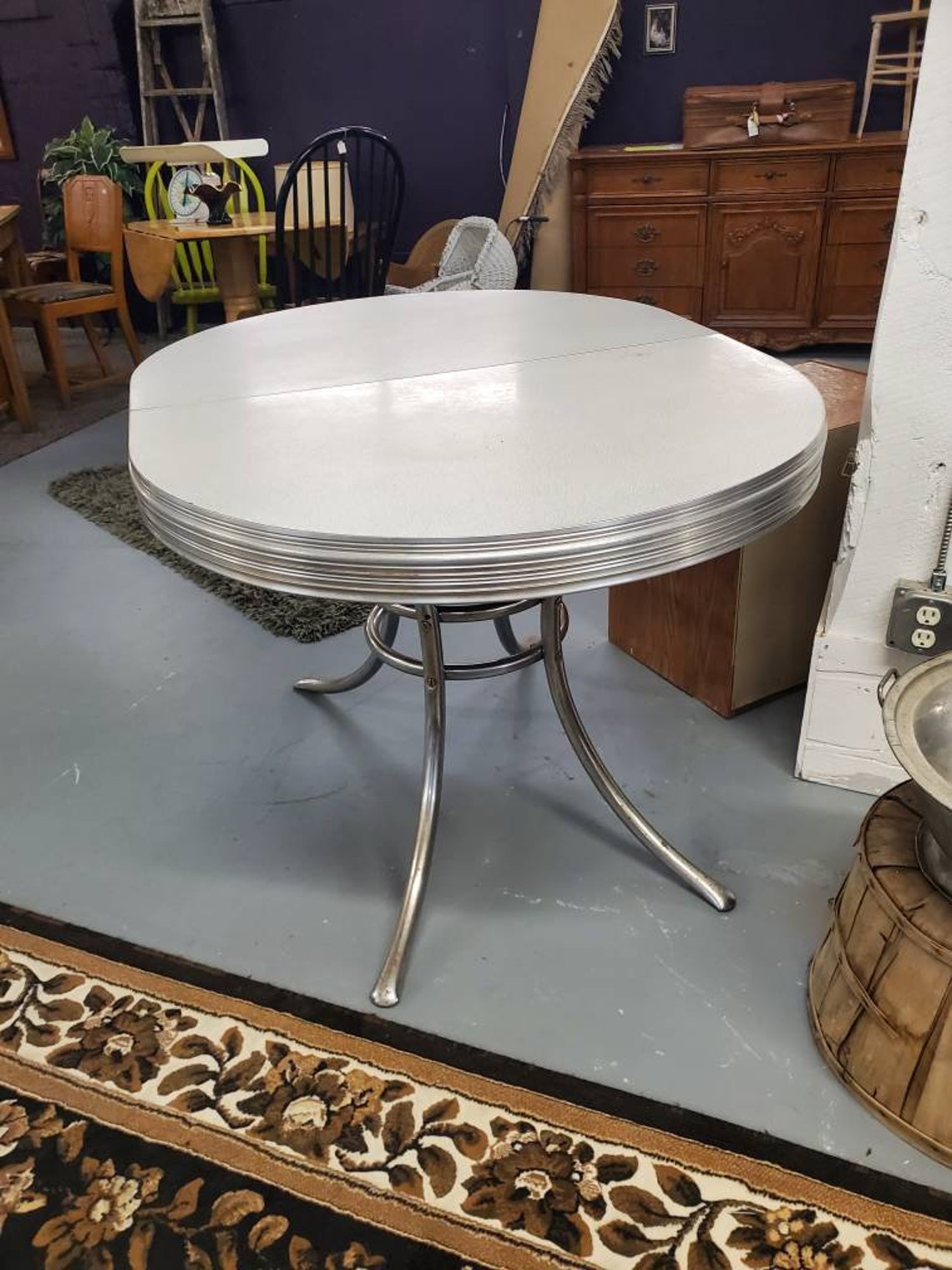 Farmhouse 1950s Oval Formica Table With Leaf Gray and White - Etsy