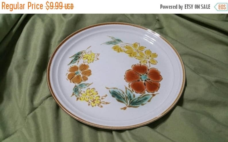 On Sale Imperial Stoneware 10.50 inch Dinner or Chop Plate Mountain Song Pattern with Rust Orange and Yellow Flowers Everyday Dish