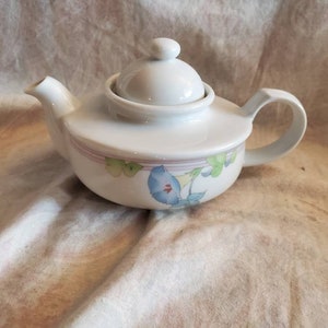 Può includere: Una teiera in porcellana bianca con un design floreale con fiori blu, rosa e verdi. La teiera ha un coperchio con un pomo in cima.
